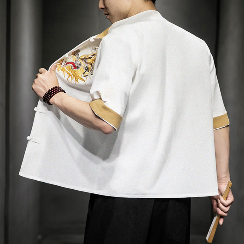 Camisa de media manga con bordado de nubes para hombre, ropa de algodón y lino, dragón chino con botones de Buddha Stones - image 22
