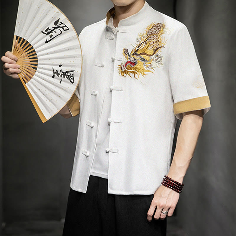 Camisa de media manga con bordado de nubes para hombre, ropa de algodón y lino, dragón chino con botones de Buddha Stones - image 21