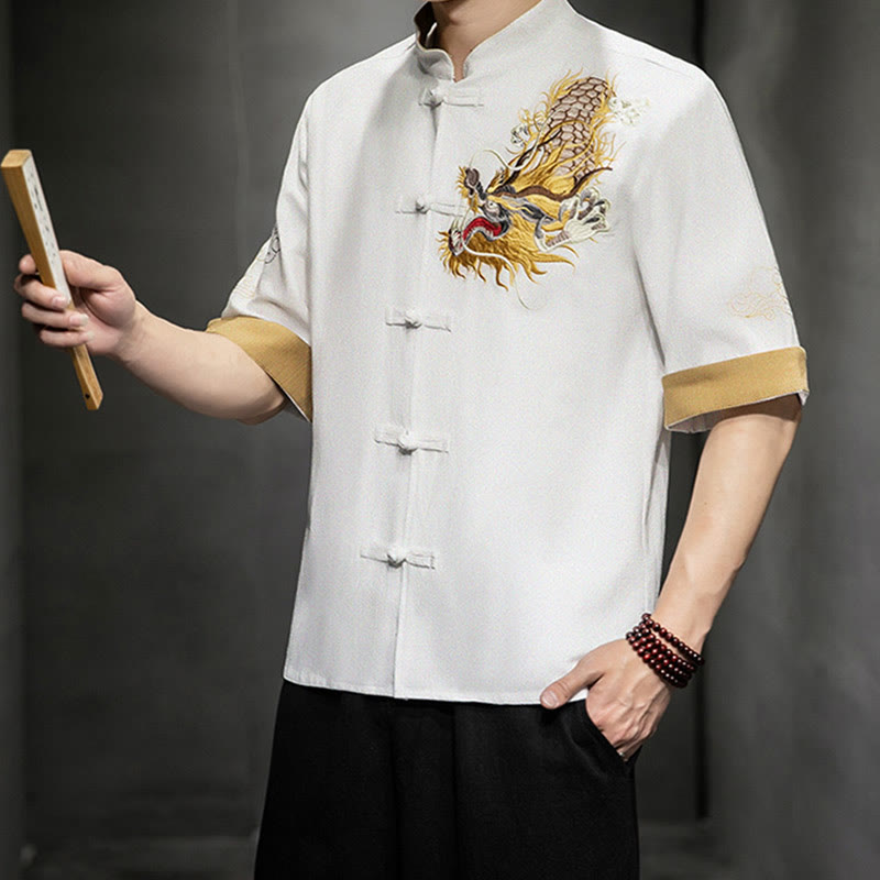 Camisa de media manga con bordado de nubes para hombre, ropa de algodón y lino, dragón chino con botones de Buddha Stones - image 24