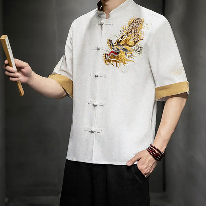 Camisa de media manga con bordado de nubes para hombre, ropa de algodón y lino, dragón chino con botones de Buddha Stones - image 24