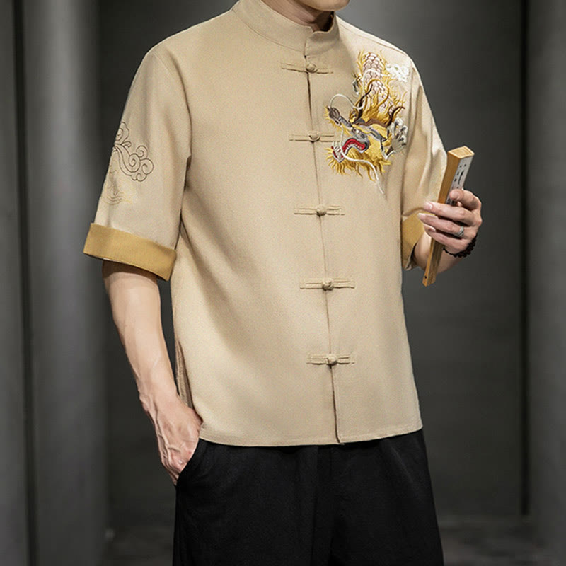Camisa de media manga con bordado de nubes para hombre, ropa de algodón y lino, dragón chino con botones de Buddha Stones - image 30