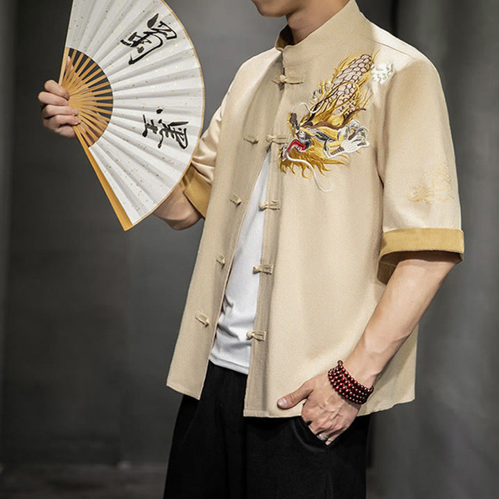 Camisa de media manga con bordado de nubes para hombre, ropa de algodón y lino, dragón chino con botones de Buddha Stones - image 29