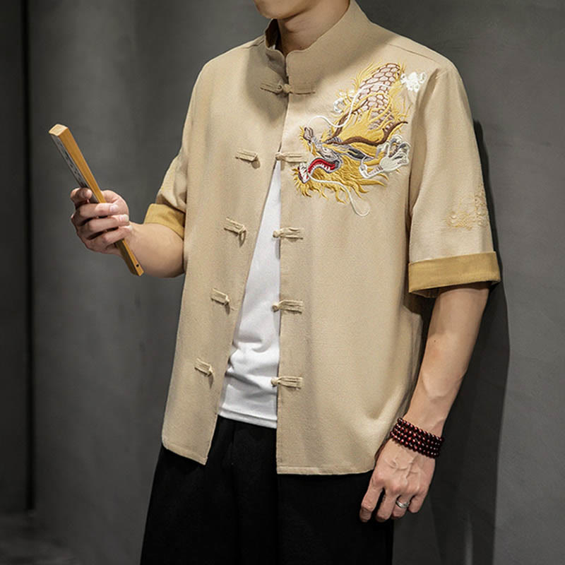 Camisa de media manga con bordado de nubes para hombre, ropa de algodón y lino, dragón chino con botones de Buddha Stones - image 32
