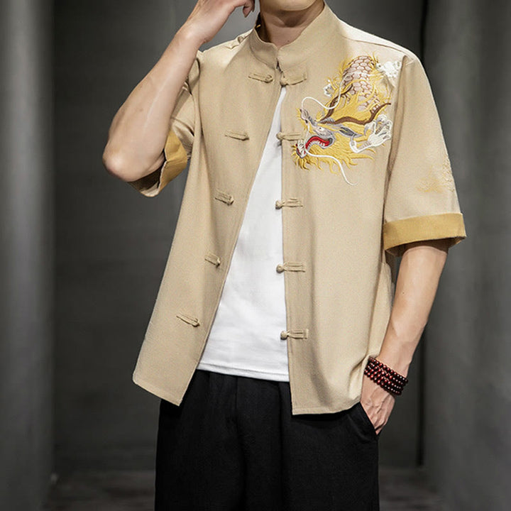 Camisa de media manga con bordado de nubes para hombre, ropa de algodón y lino, dragón chino con botones de Buddha Stones - image 31