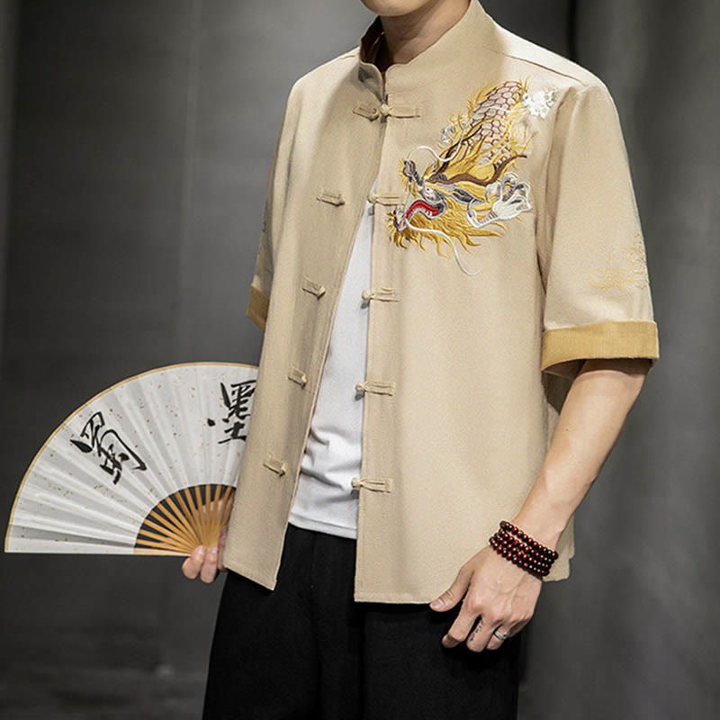 Camisa de media manga con bordado de nubes para hombre, ropa de algodón y lino, dragón chino con botones de Buddha Stones - Lino - US/UK/AU44, UE 54 (5XL)  - image 26