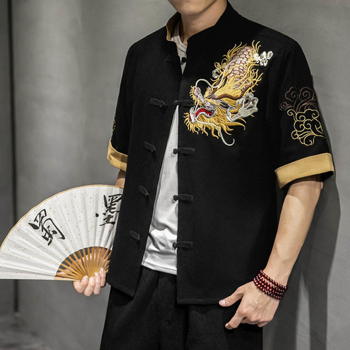 Camisa de media manga con bordado de nubes para hombre, ropa de algodón y lino, dragón chino con botones de Buddha Stones - Negro - US/UK/AU44, UE 54 (5XL)  - image 0