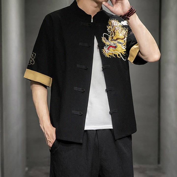 Camisa de media manga con bordado de nubes para hombre, ropa de algodón y lino, dragón chino con botones de Buddha Stones - image 3