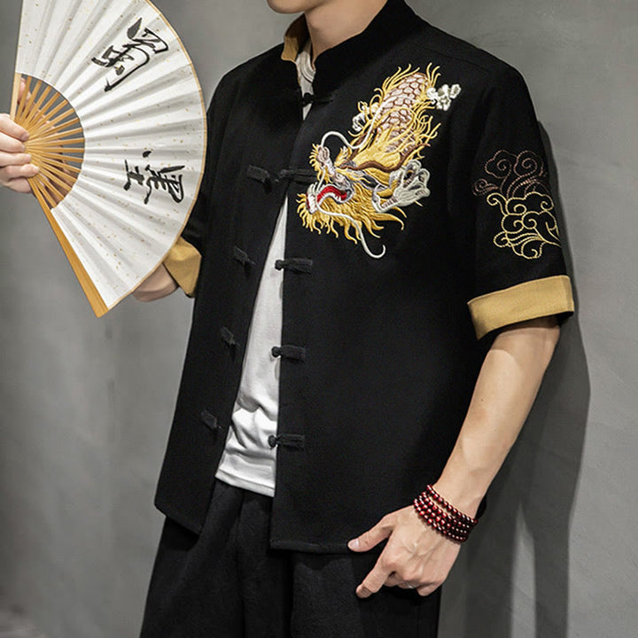 Camisa de media manga con bordado de nubes para hombre, ropa de algodón y lino, dragón chino con botones de Buddha Stones - image 1