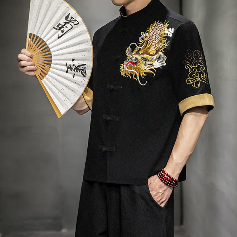 Camisa de media manga con bordado de nubes para hombre, ropa de algodón y lino, dragón chino con botones de Buddha Stones - image 4