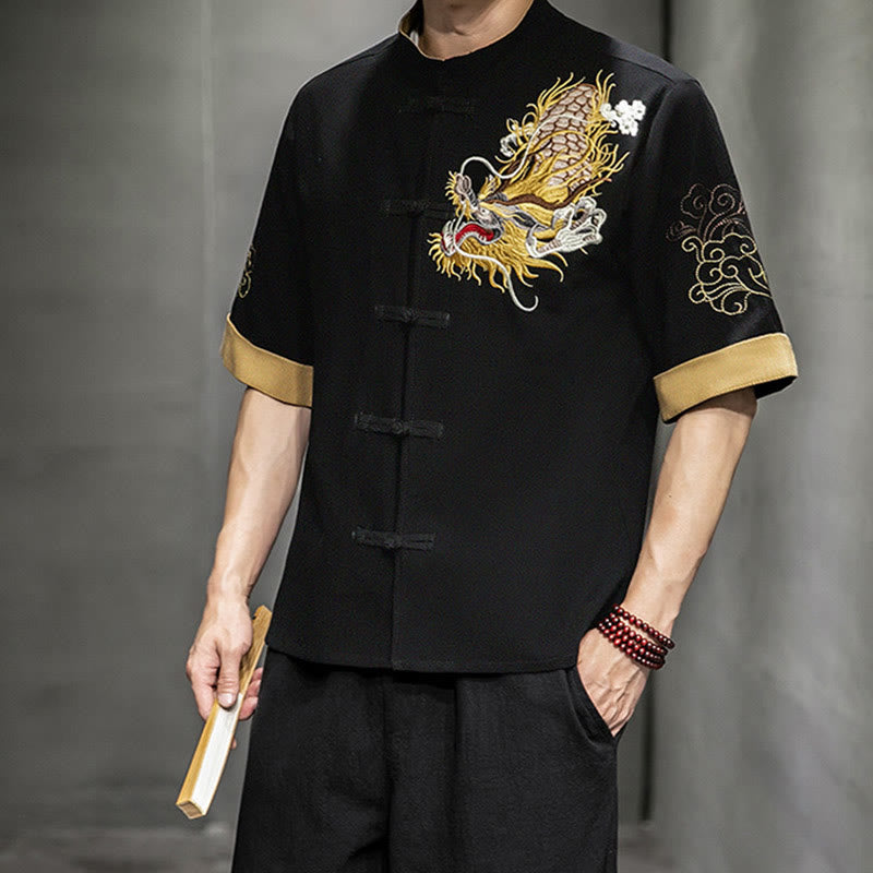 Camisa de media manga con bordado de nubes para hombre, ropa de algodón y lino, dragón chino con botones de Buddha Stones - image 6