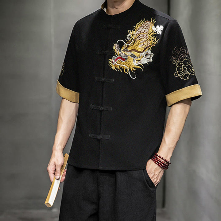 Camisa de media manga con bordado de nubes para hombre, ropa de algodón y lino, dragón chino con botones de Buddha Stones - image 6