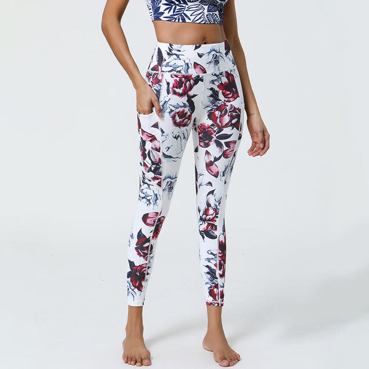 Buddha Stones Rose Lines Tiger Leopard Print Deportes Fitness Leggings de cintura alta Pantalones de yoga para mujer con bolsillos