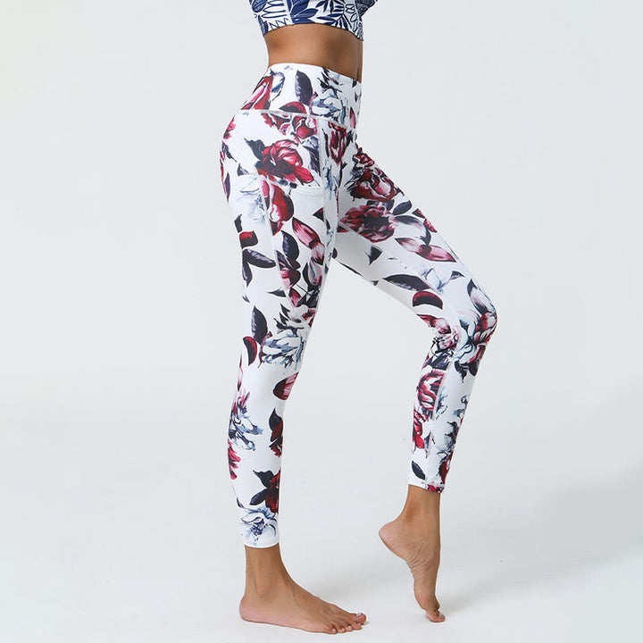 Buddha Stones Rose Lines Tiger Leopard Print Deportes Fitness Leggings de cintura alta Pantalones de yoga para mujer con bolsillos