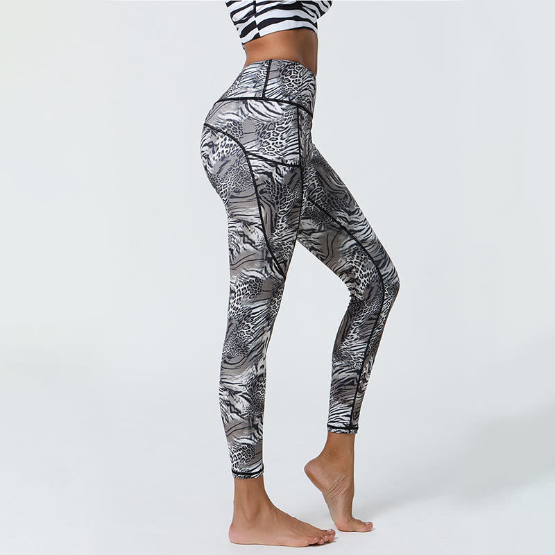 Buddha Stones Rose Lines Tiger Leopard Print Deportes Fitness Leggings de cintura alta Pantalones de yoga para mujer con bolsillos