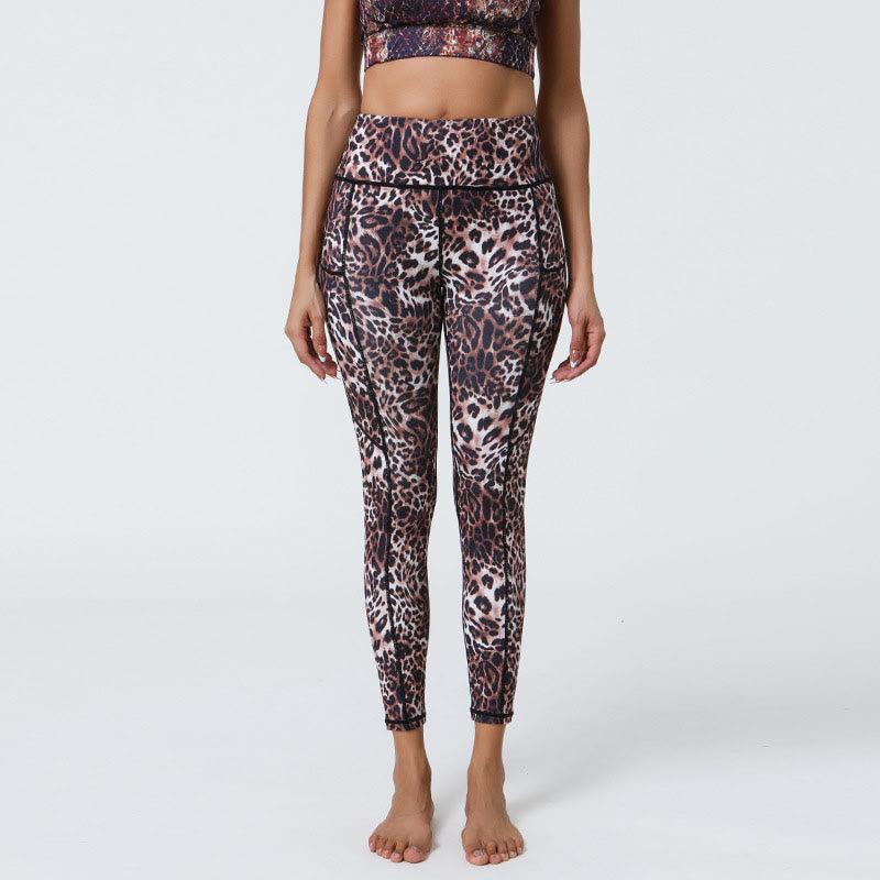 Buddha Stones Rose Lines Tiger Leopard Print Deportes Fitness Leggings de cintura alta Pantalones de yoga para mujer con bolsillos