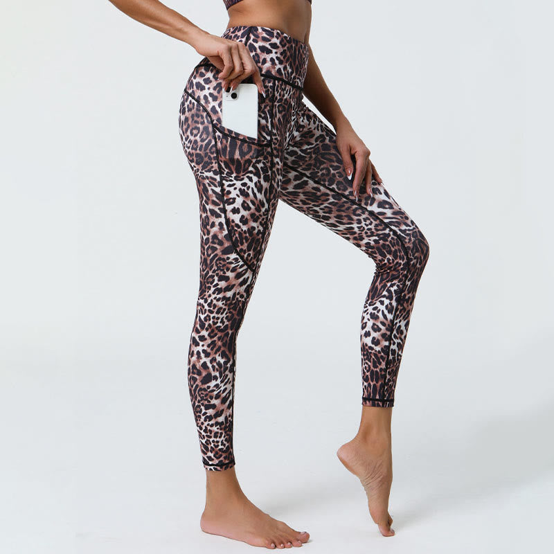 Buddha Stones Rose Lines Tiger Leopard Print Deportes Fitness Leggings de cintura alta Pantalones de yoga para mujer con bolsillos