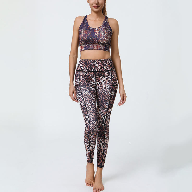 Buddha Stones Rose Lines Tiger Leopard Print Deportes Fitness Leggings de cintura alta Pantalones de yoga para mujer con bolsillos