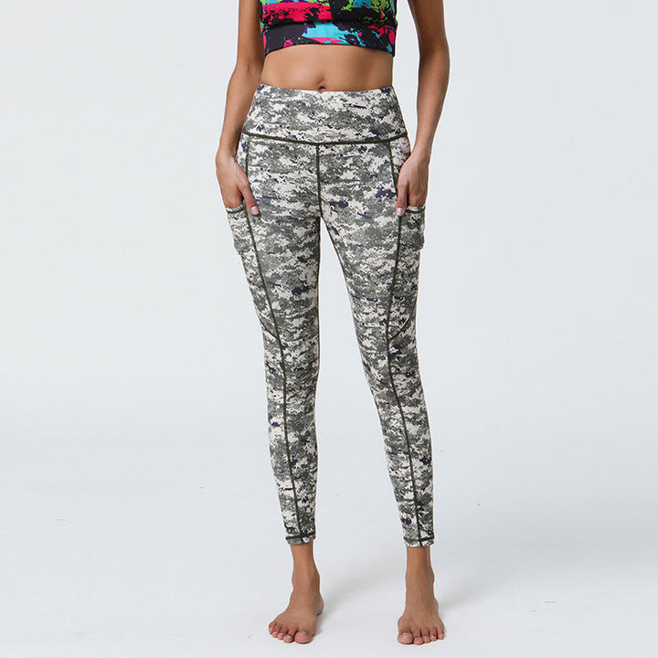 Buddha Stones Rose Lines Tiger Leopard Print Deportes Fitness Leggings de cintura alta Pantalones de yoga para mujer con bolsillos - Verde oscuro blanco - US12，UK/AU16，EU44 (XL) - image 24