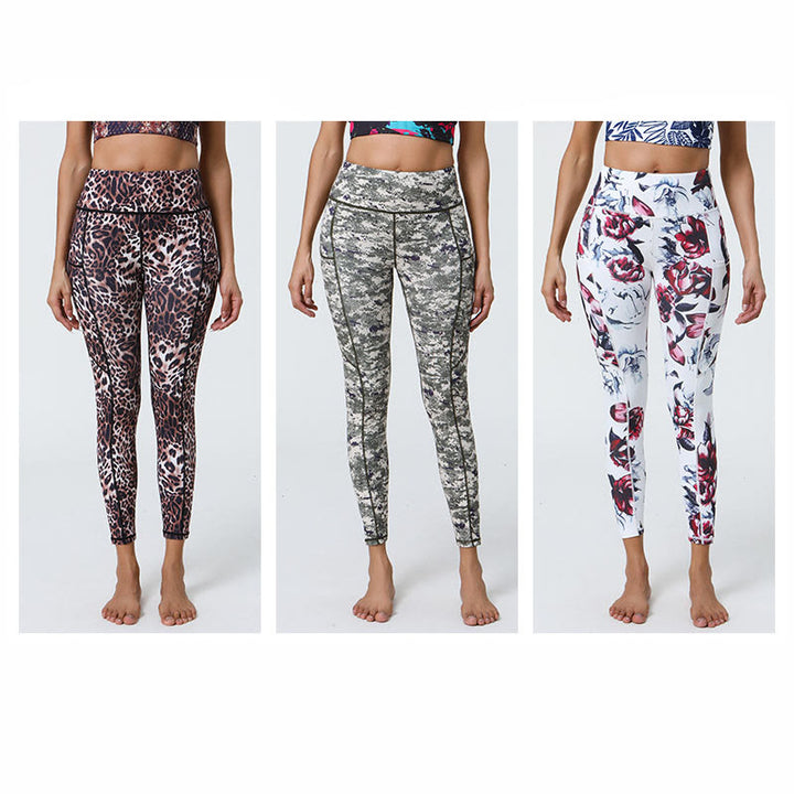 Buddha Stones Rose Lines Tiger Leopard Print Deportes Fitness Leggings de cintura alta Pantalones de yoga para mujer con bolsillos