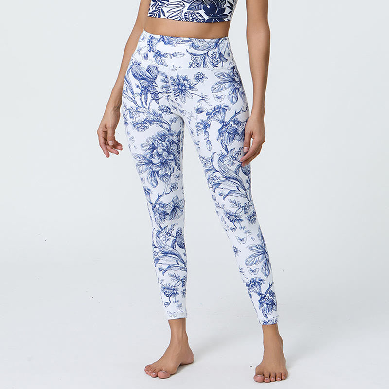 Pantalones de yoga para mujer con estampado de Buddha Stones, flores, hojas, dientes de león, piñas, deportivos, Fitness, cintura alta - Flores azul claro - US12，UK/AU16，EU44 (XL) - image 1