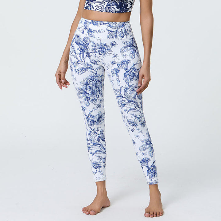 Pantalones de yoga para mujer con estampado de Buddha Stones, flores, hojas, dientes de león, piñas, deportivos, Fitness, cintura alta - Flores de color azul claro - US12，UK/AU16，EU44 (XL) - image 1