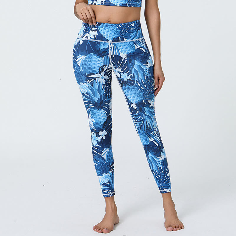 Pantalones de yoga para mujer con estampado de Buddha Stones, flores, hojas, dientes de león, piñas, deportivos, Fitness, cintura alta - Piñas azul oscuro - US12，UK/AU16，EU44 (XL) - image 18