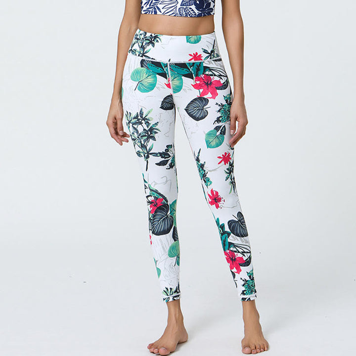 Pantalones de yoga para mujer con estampado de Buddha Stones, flores, hojas, dientes de león, piñas, deportivos, Fitness, cintura alta - Flores blancas y verdes Hojas - US12，UK/AU16，EU44 (XL) - image 7