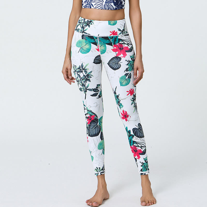 Pantalones de yoga para mujer con estampado de Buddha Stones, flores, hojas, dientes de león, piñas, deportivos, Fitness, cintura alta - Flores blancas y verdes y hojas - US12，UK/AU16，EU44 (XL) - image 7