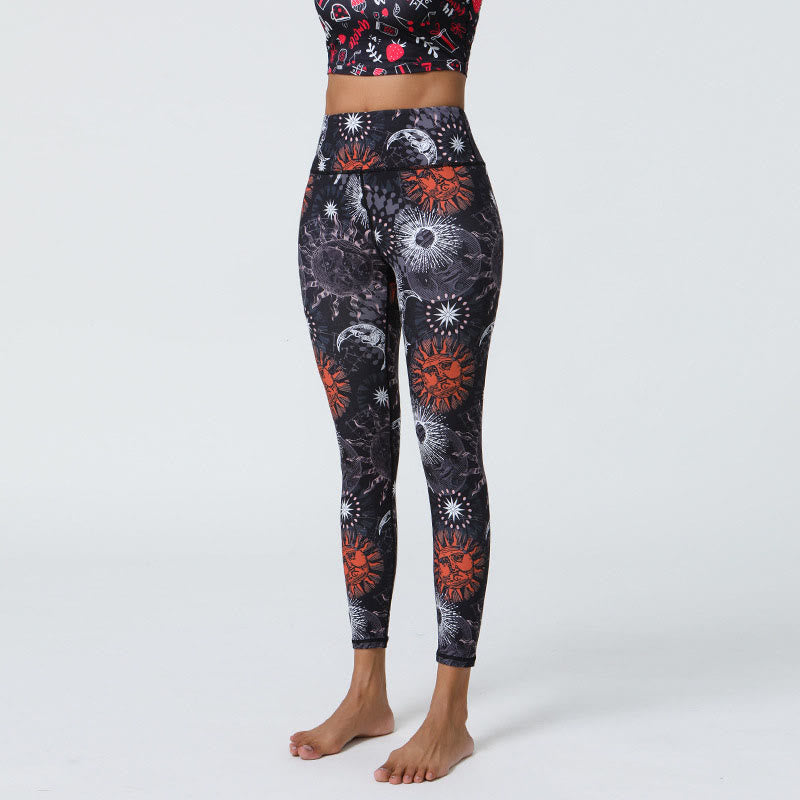 Leggings de cintura alta para mujer con estampado de Buddha Stones, flores, plumas, sol y luna, ideales para deportes, fitness y yoga. - Sol negro y rojo Luna blanca - US12，UK/AU16，EU44 (XL) - image 5