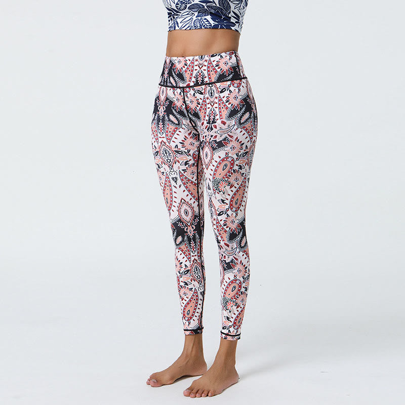 Buddha Stones flores plumas sol luna impresión deportes fitness yoga cintura alta polainas pantalones de mujer - Patrón blanco rosa claro - US12，UK/AU16，EU44 (XL) - image 23