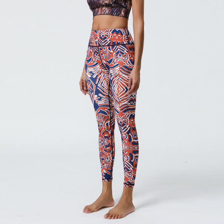 Leggings de cintura alta para mujer con estampado de Buddha Stones, flores, plumas, sol y luna, ideales para deportes, fitness y yoga. - Patrón rojo y azul oscuro - US12，UK/AU16，EU44 (XL) - image 27