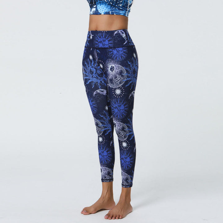 Buddha Stones flores plumas sol luna impresión deportes fitness yoga cintura alta polainas pantalones de mujer - Sol azul oscuro Luna blanca - US12，UK/AU16，EU44 (XL) - image 11