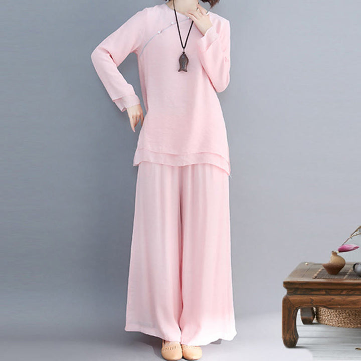 Conjunto de ropa de lino y algodón para mujer, camisa de manga larga de tres cuartos, pantalones de pierna ancha, 2 uds., Buddha Stones - Rubor Lavanda - Manga larga - US8-10, UK/AU12-14, EU40-42 (3XL) - image 14