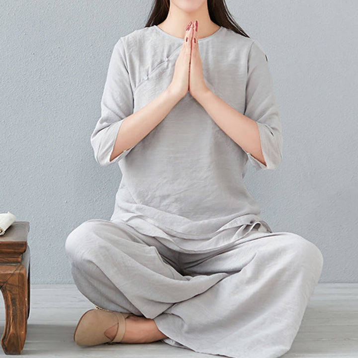 Conjunto de ropa de lino y algodón para mujer, camisa de manga larga de tres cuartos, pantalones de pierna ancha, 2 uds., Buddha Stones - Gainsboro - Manga tres cuartos - US8-10, UK/AU12-14, EU40-42 (3XL) - image 26