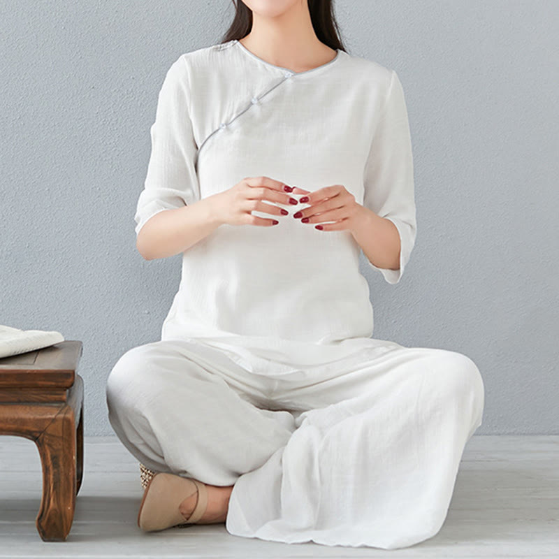 Conjunto de ropa de lino y algodón para mujer, camisa de manga larga de tres cuartos, pantalones de pierna ancha, 2 uds., Buddha Stones - Blanco - Manga tres cuartos - US8-10, UK/AU12-14, EU40-42 (3XL) - image 7