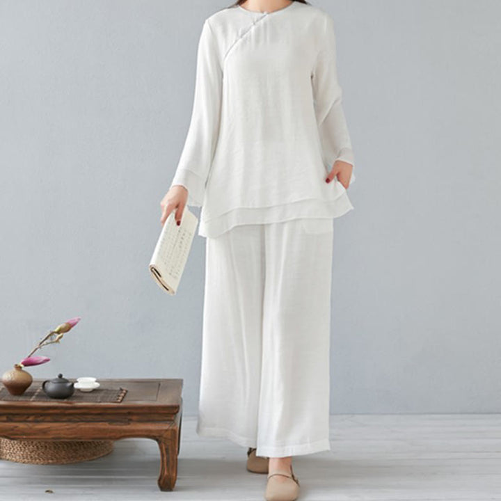 Conjunto de ropa de lino y algodón para mujer, camisa de manga larga de tres cuartos, pantalones de pierna ancha, 2 uds., Buddha Stones - Blanco - Manga larga - US8-10, UK/AU12-14, UE40-42 (3XL) - image 1