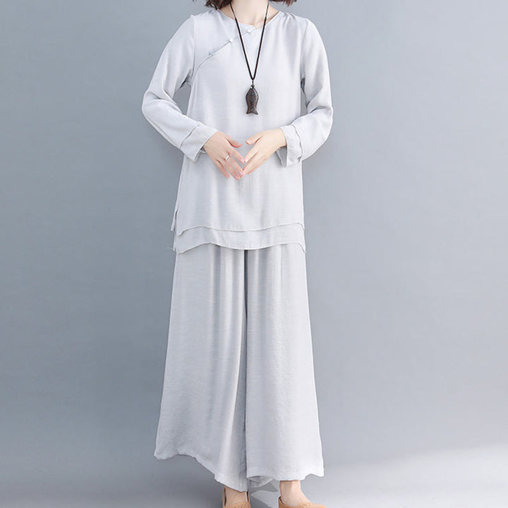 Conjunto de ropa de lino y algodón para mujer, camisa de manga larga de tres cuartos, pantalones de pierna ancha, 2 uds., Buddha Stones - Gainsboro - Manga larga - US8-10, UK/AU12-14, UE40-42 (3XL) - image 26