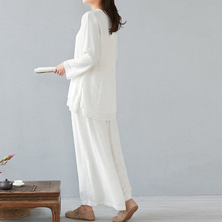 Conjunto de ropa de lino y algodón para mujer, camisa de manga larga de tres cuartos, pantalones de pierna ancha, 2 uds., Buddha Stones - image 2