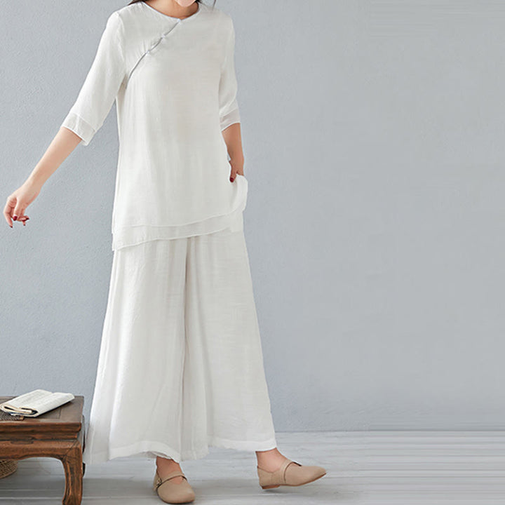 Conjunto de ropa de lino y algodón para mujer, camisa de manga larga de tres cuartos, pantalones de pierna ancha, 2 uds., Buddha Stones - image 9