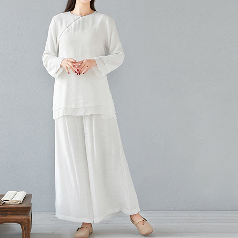 Conjunto de ropa de lino y algodón para mujer, camisa de manga larga de tres cuartos, pantalones de pierna ancha, 2 uds., Buddha Stones - image 2