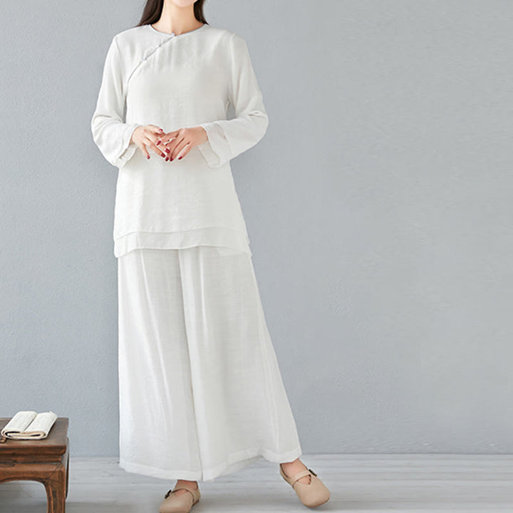 Conjunto de ropa de lino y algodón para mujer, camisa de manga larga de tres cuartos, pantalones de pierna ancha, 2 uds., Buddha Stones - image 2
