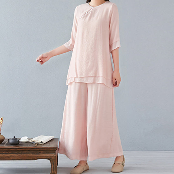 Conjunto de ropa de lino y algodón para mujer, camisa de manga larga de tres cuartos, pantalones de pierna ancha, 2 uds., Buddha Stones - image 16