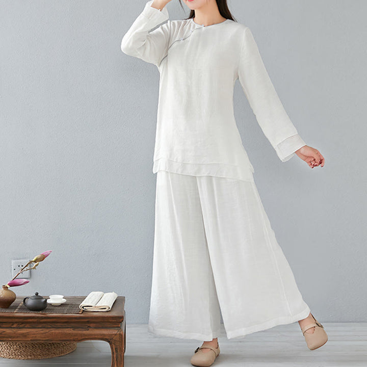Conjunto de ropa de lino y algodón para mujer, camisa de manga larga de tres cuartos, pantalones de pierna ancha, 2 uds., Buddha Stones - image 3