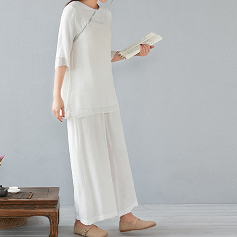 Conjunto de ropa de lino y algodón para mujer, camisa de manga larga de tres cuartos, pantalones de pierna ancha, 2 uds., Buddha Stones - image 10