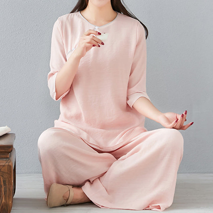 Conjunto de ropa de lino y algodón para mujer, camisa de manga larga de tres cuartos, pantalones de pierna ancha, 2 uds., Buddha Stones - image 20