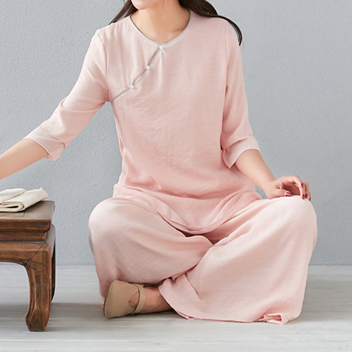 Conjunto de ropa de lino y algodón para mujer, camisa de manga larga de tres cuartos, pantalones de pierna ancha, 2 uds., Buddha Stones - image 19