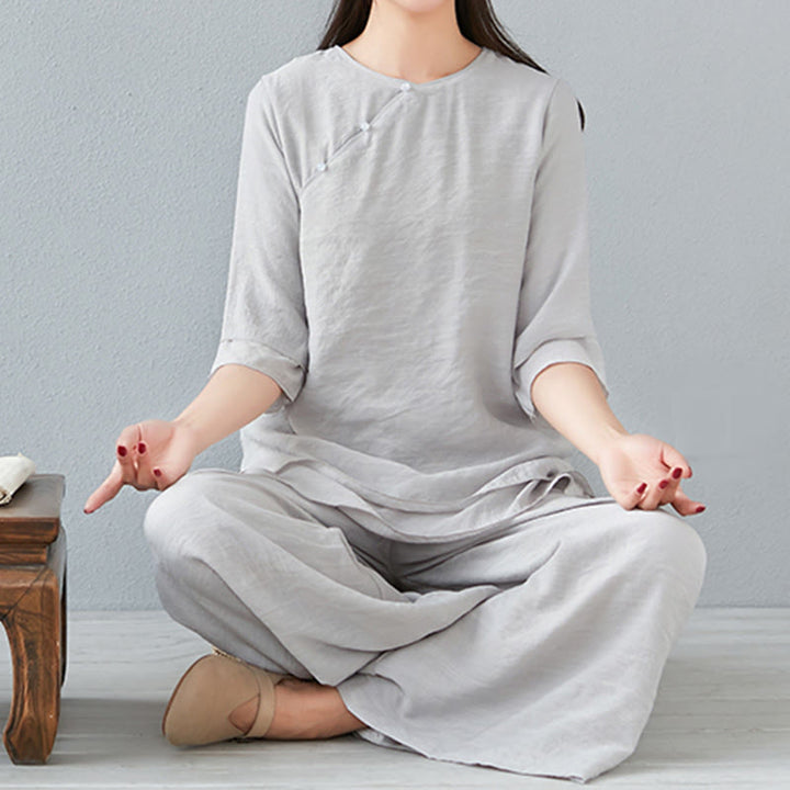 Conjunto de ropa de lino y algodón para mujer, camisa de manga larga de tres cuartos, pantalones de pierna ancha, 2 uds., Buddha Stones - image 27