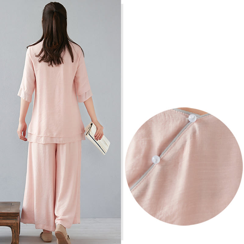 Conjunto de ropa de lino y algodón para mujer, camisa de manga larga de tres cuartos, pantalones de pierna ancha, 2 uds., Buddha Stones - image 24