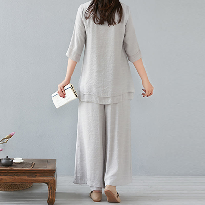 Conjunto de ropa de lino y algodón para mujer, camisa de manga larga de tres cuartos, pantalones de pierna ancha, 2 uds., Buddha Stones - image 28