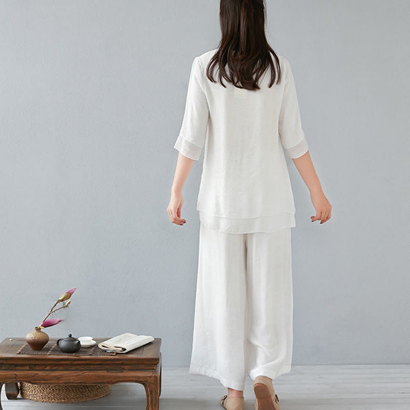 Conjunto de ropa de lino y algodón para mujer, camisa de manga larga de tres cuartos, pantalones de pierna ancha, 2 uds., Buddha Stones - image 10